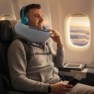 Almofada de viagem para o pescoço cinzenta e confortável